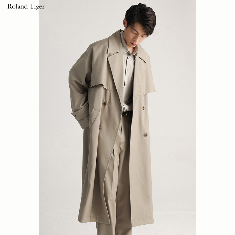 Roland Tiger High-End Trench Coat for Men, Spring and Autumn College Style, Turn-Down Collar, Loose Leaf Shawl Style, Double-Breasted, Extra Long Trench Coat Ja