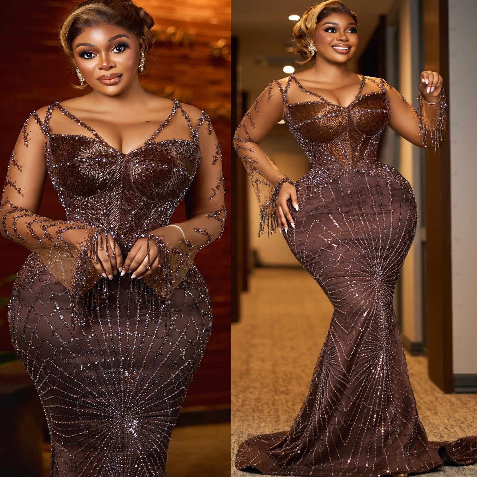 2026 Aso Ebi Nigerian Brown Mermaid Prom Dresses Beaded Deep V-neck Sequined Evening Formal Party Second Birthday Engagement Gowns Dress For Special Occasions
