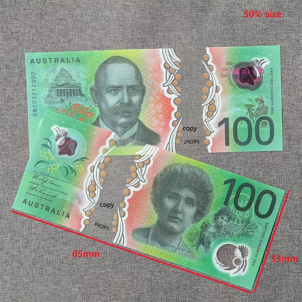 5A Prop Money Australia Australian Fake Money Notes-50 Australian 50 Dollar Polymer Money with Clear Window for Movie Video Party 75*32mm 50% Size
