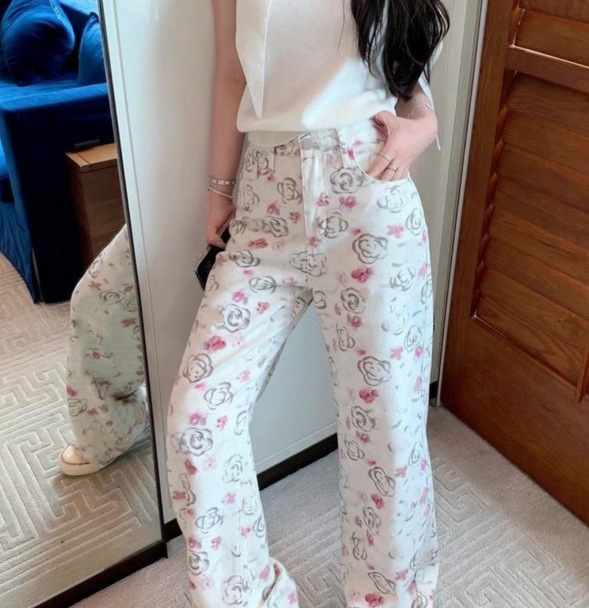 Women jeans flower print doodle designer cute long pants trousers SMLXL