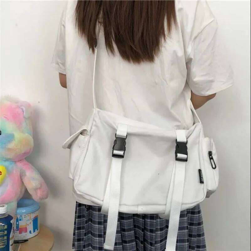 Black Crossbody Bags Women Design Pockets Canvas Large Capacity Tote Dark Academia Retro Cross-body Bag Unisex BF Japanese Style