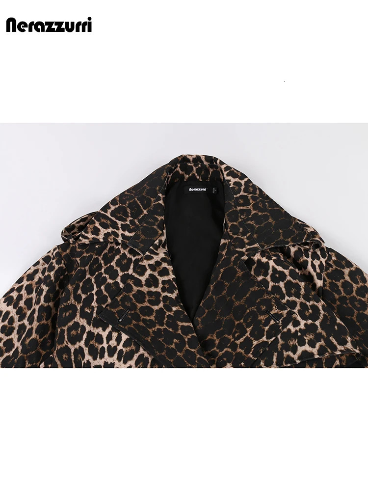 Nerazzurri Autumn Long Oversized Leopard Print Trench Coat for Women with Back High Slit Double Breasted European Fashion 251231