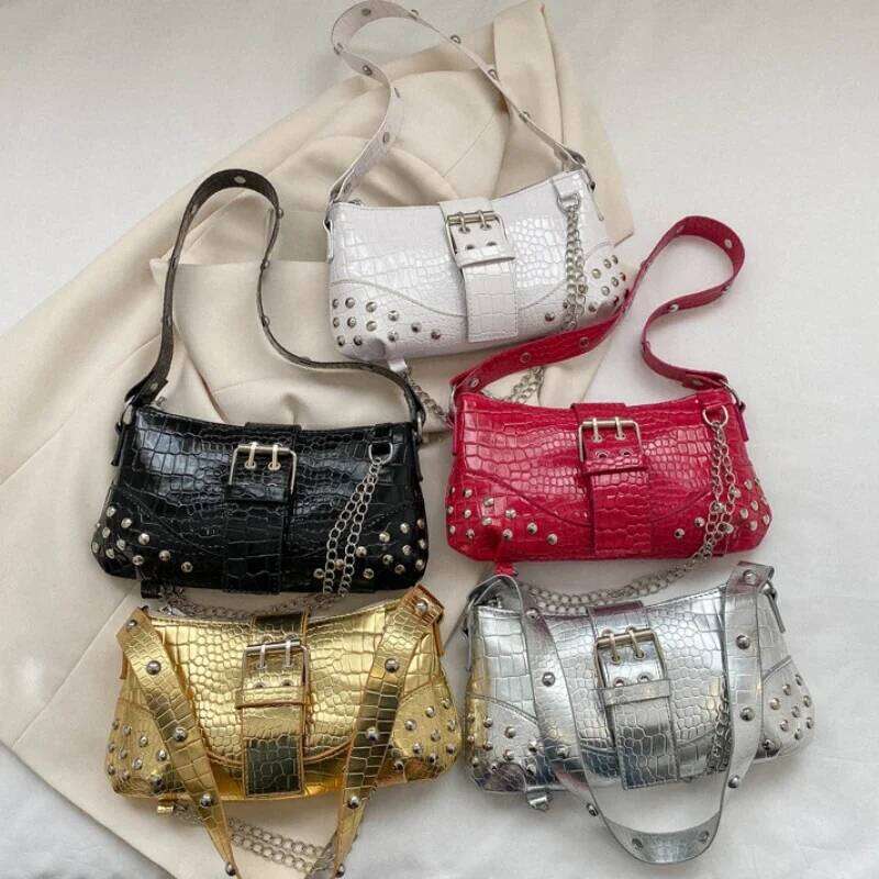 Women Fashion Shoulder Gothic Ladies Bag Cool Style Trendy Rock Girls Handbag Y2K Rivet Chain for Travel Vacation Daily