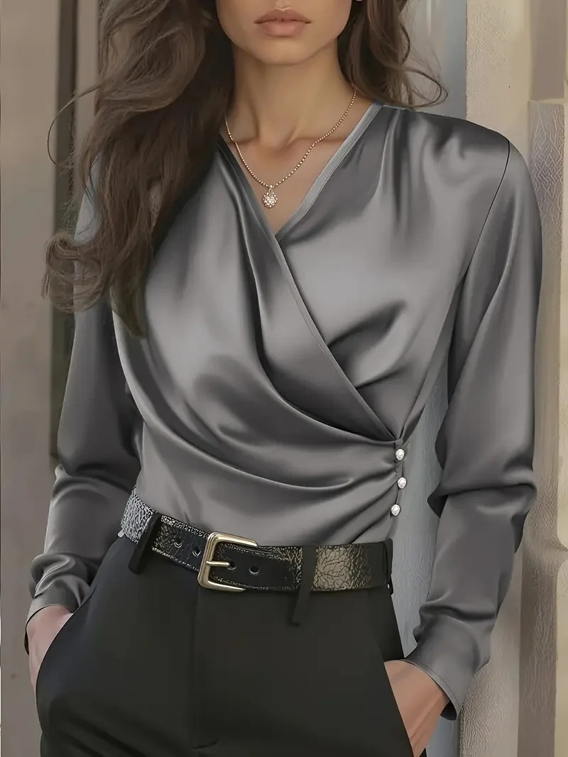 Womens Elegant Satin Wrap Blouse - Long Sleeve V-Neck Button Detail Top for Office Casual Wear 260104