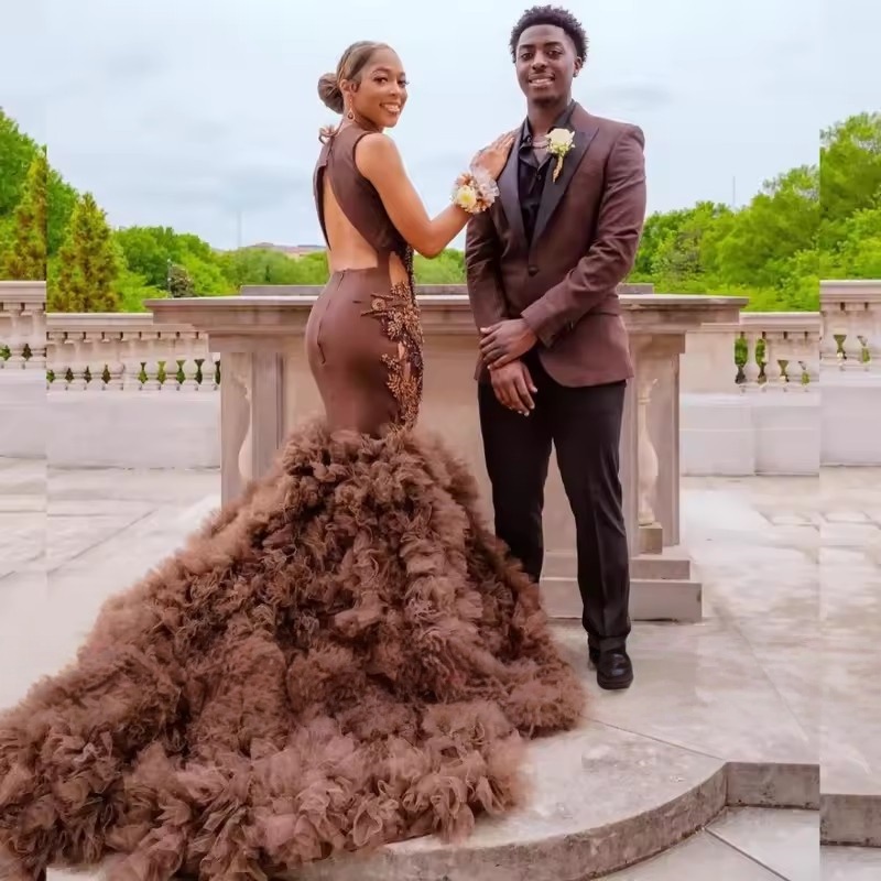 Customized Sexy Brown Ruffles Mermaid Prom Dresses 2026 High Slit Crystal Beaded Black Girls Evening Gala Party Gowns
