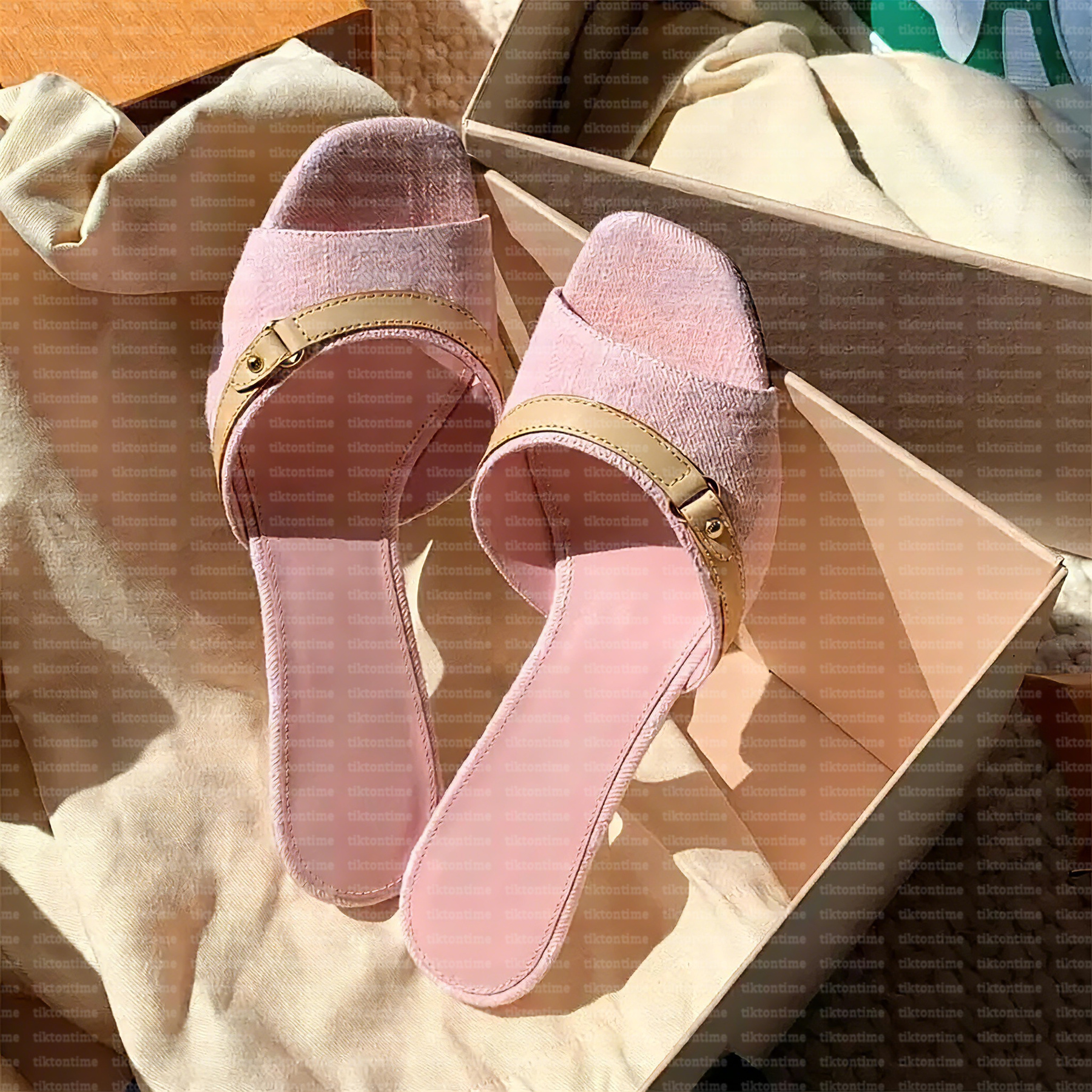 heels x TM Mule lvlys pink high heeled designer womens pink denim 6CM mules Signature Leather outsole models stiletto heel feminine style casual mule sandals