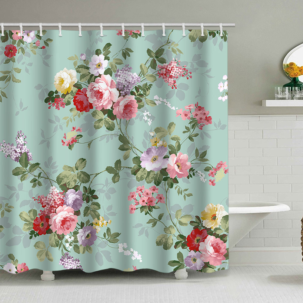 YL-38098 Floral Shower Curtain Set with Watercolor Floral Print Polyester Waterproof Shower Curtain and Bathroom Cover