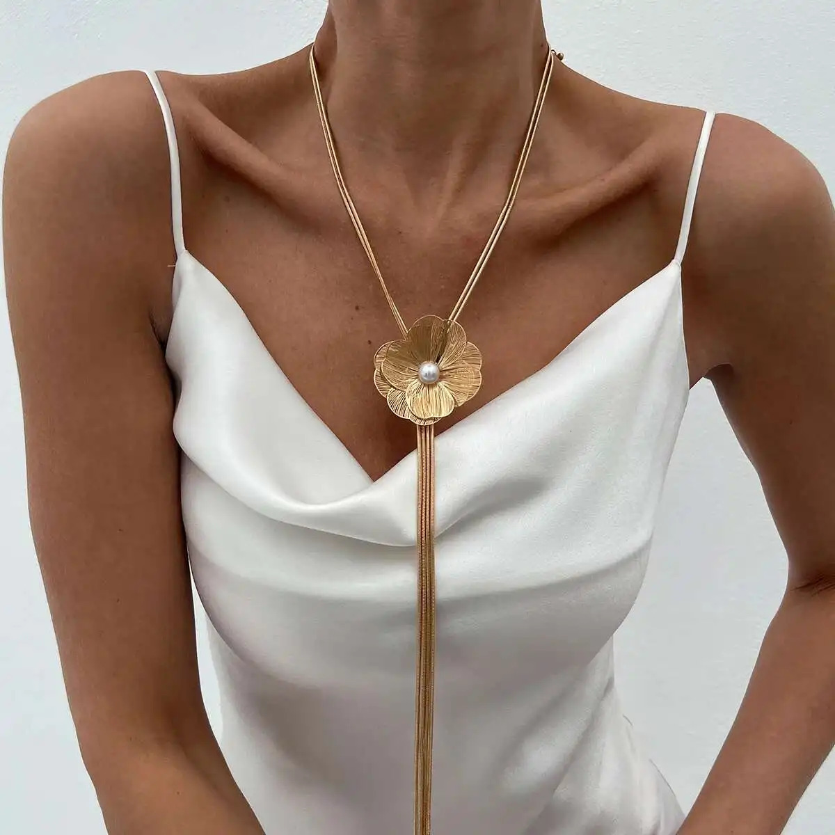 KunJoe Long Tassels Chest Chain with Flower Pendants Necklace for Women Trendy Sweater Chain Choker on Neck Fashion Jewelry Gift 251230