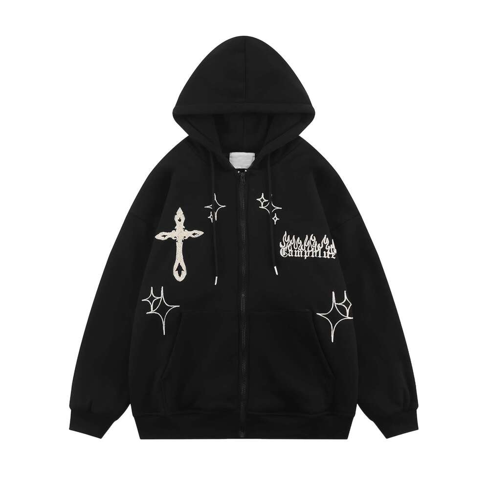 Bopoft Retro Flame Cross Embroidered - Cozy Thick Polyester Zip-Up Sweatshirt Jacket With Inner Pocket, Vintage Loose Fit For Autumn & Winter, Machine Washable, Eskeem