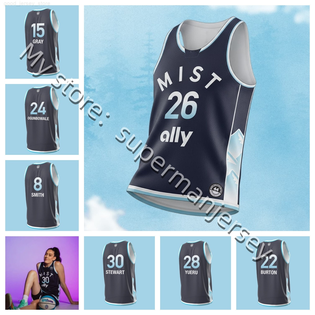 2026 Unrivaled Mist Basketball Jersey Alanna Smith 8 Allisha Gray 15 Arike Ogunbowale 24 Breanna Stewart 30 Li Yueru 28 Veronica Burton 22