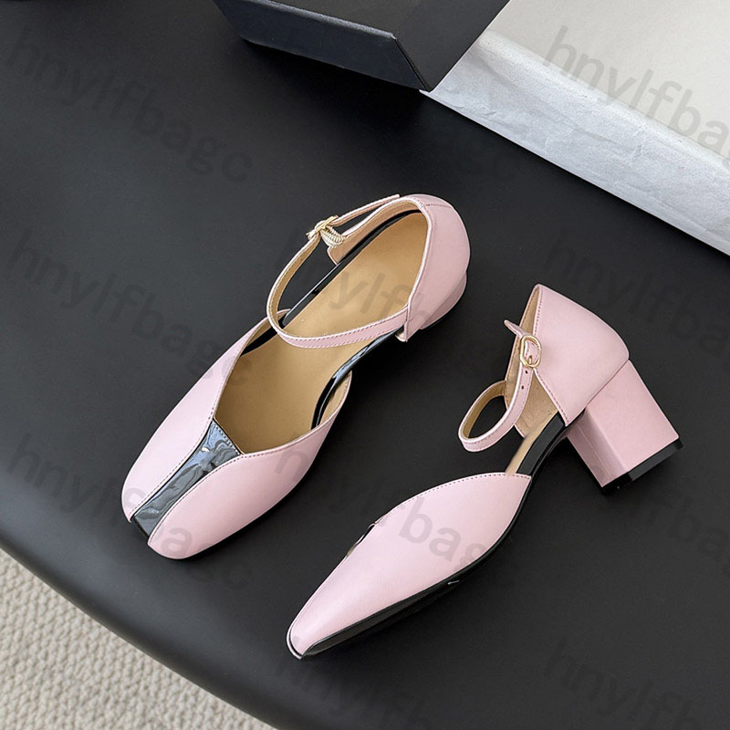 Women Chunky Heels 5.5cm Dress Shoes Buckle Strap Sandals Designer Square Toes Outdoor Leisure Shoes With Dust Bags Slides For Party Wedding Shoes Pink Black Mules