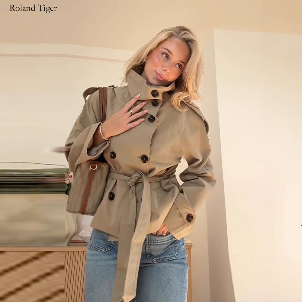 Roland Tiger 2025 New Retro Lapel Design Double-Breasted Lace-Up Versatile Long-Sleeve Short Trench Coat