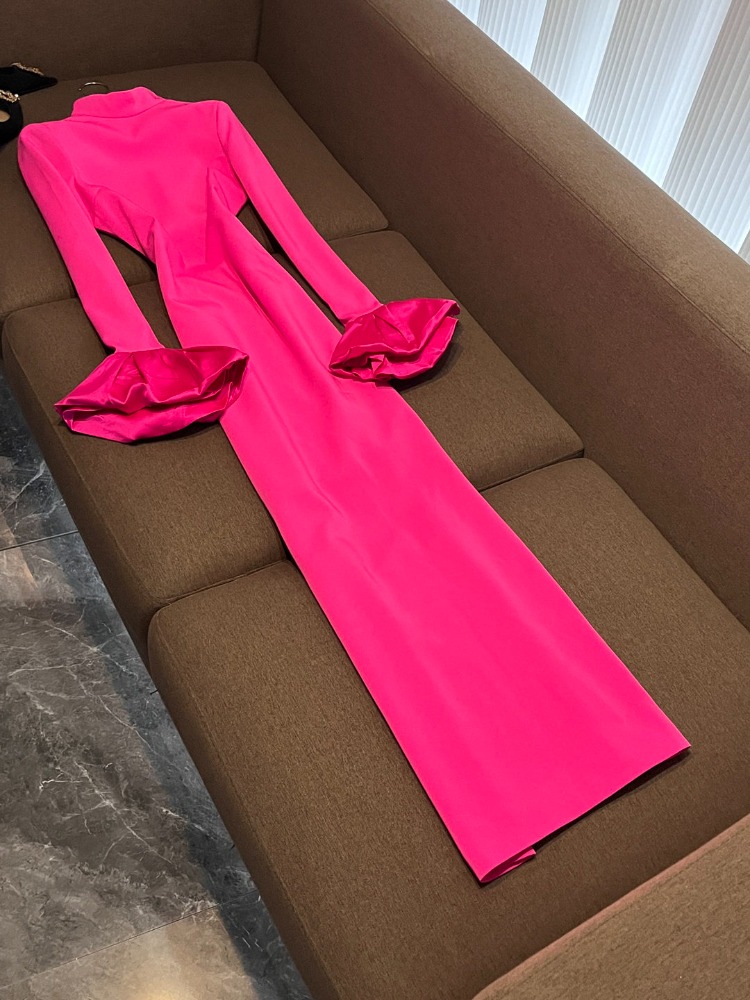 2026 Spring Pink Solid Color Dress Flower Sleeve Stand Neck Long Maxi Casual Dresses O6J059090 Check Size Chart Please