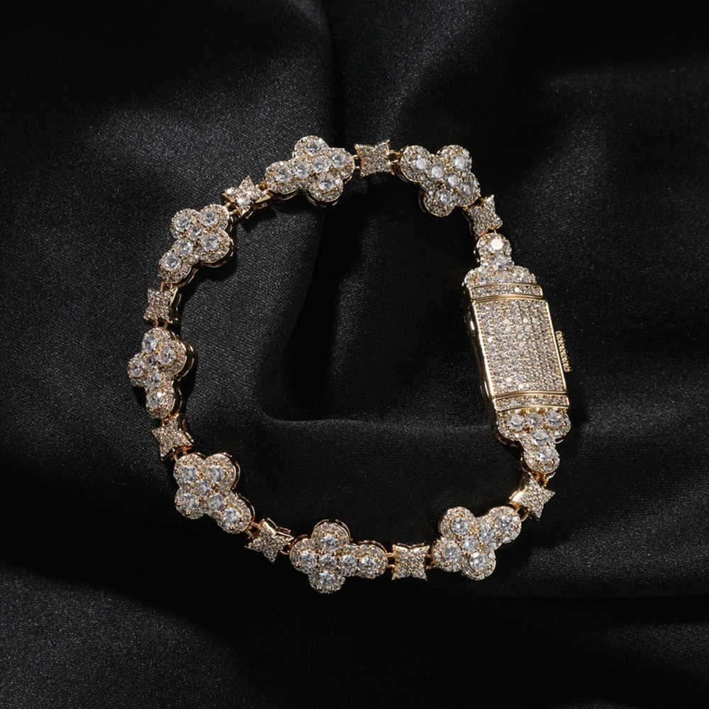 Gold Plated Bracelets Mens Hip Hop Cross Flower Link Chain Bracelets 5A CZ Diamond Iced Out Bracelet Jewelry