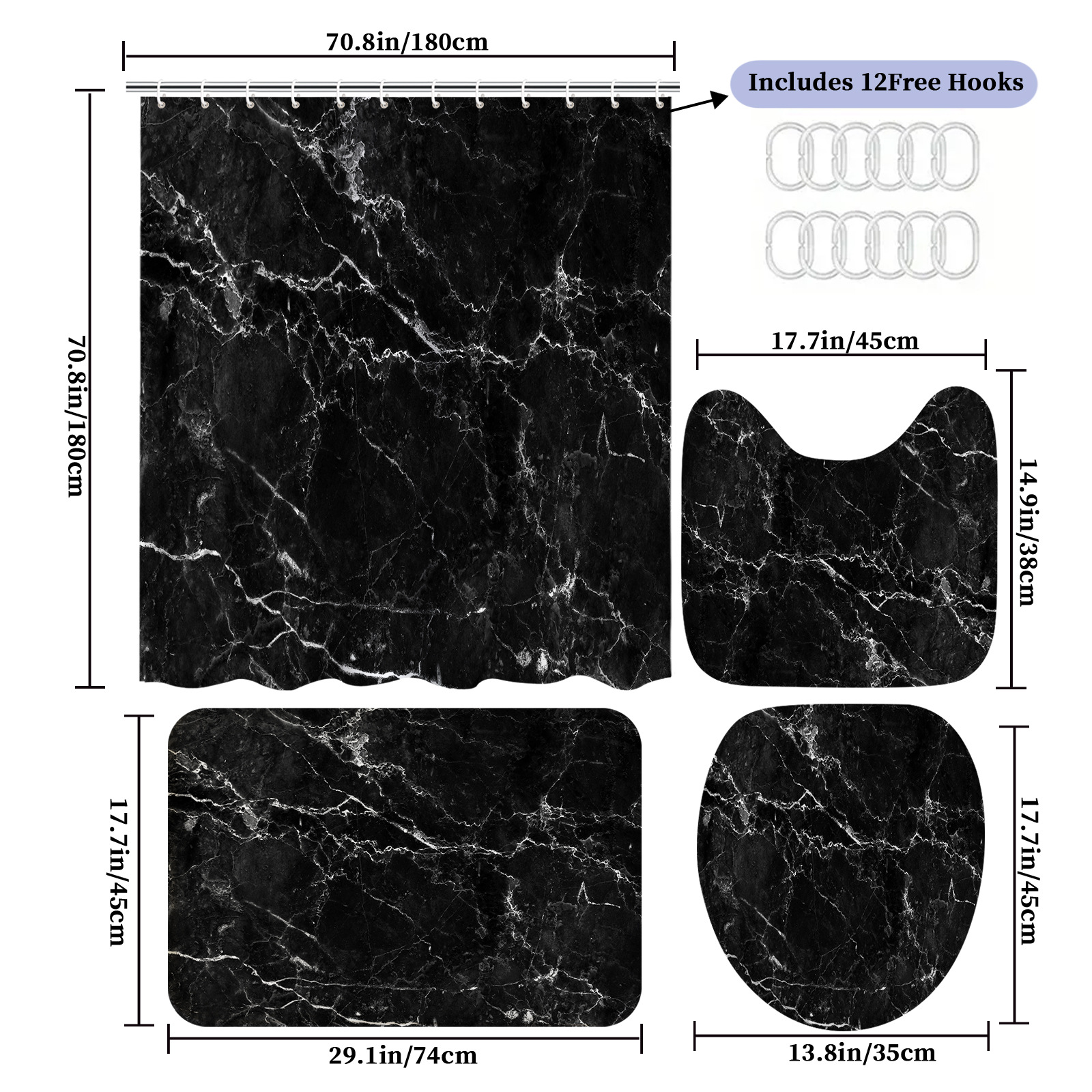 YL-38092 High-Definition Digital Printed Shower Curtain Set (4 Pieces), Waterproof, Drill-Free Bathroom Partition Curtain, Marble