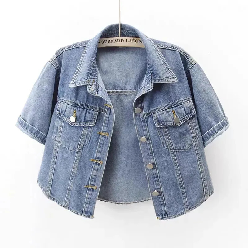 Vintage Cropped Denim Jacket Women Summer Loose Single Breasted Turn Down Collar Short Sleeve Tops Harajuku Casual Jean 260104