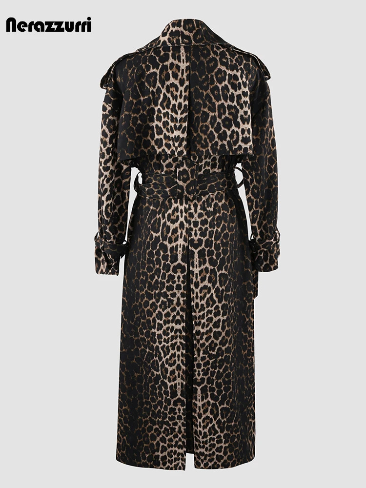 Nerazzurri Autumn Long Oversized Leopard Print Trench Coat for Women with Back High Slit Double Breasted European Fashion 251231