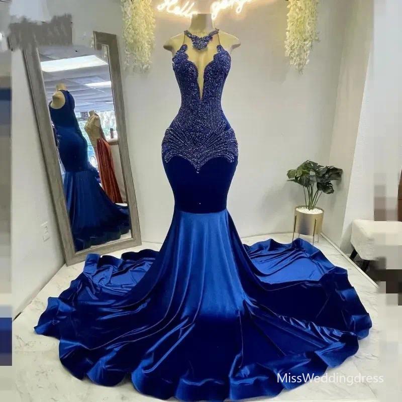 Veet Sexy Royal Blue Vestidos Gala Mermaid Prom Dresses for Black Girls Crystal Robe De Soiree Evening Birthday Party Gowns