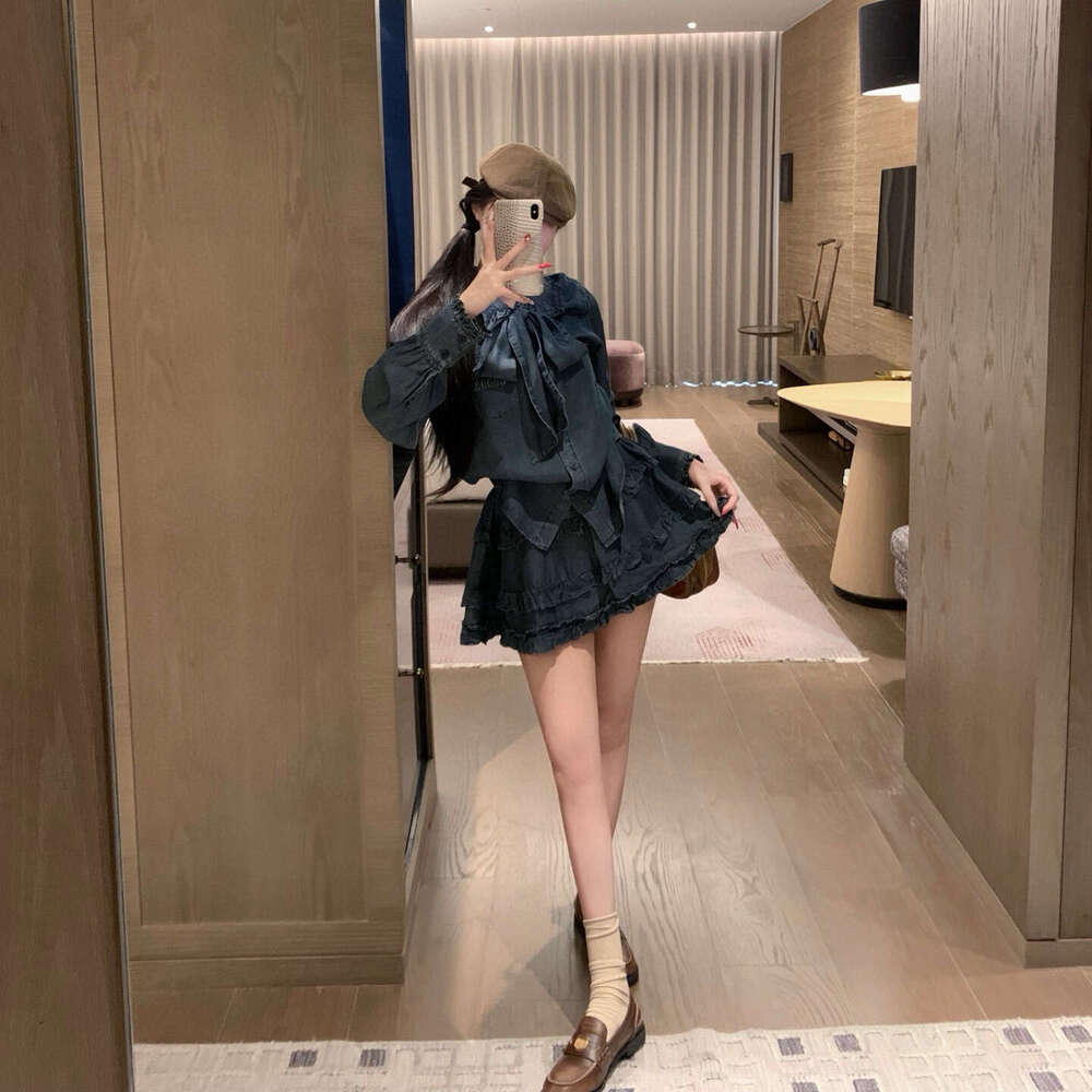 Designer Shenzhen M Series Autumn New Age-Reducing High-Waisted A-Line Ruffled Tencel Denim Skirt Set dc52