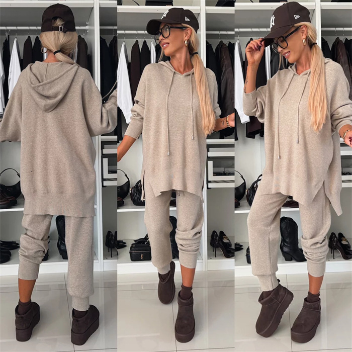 2025 Cross-Border Women's Fashion European and American New Autumn Winter Solid Color Loose Hooded Knitted Two-Piece Set