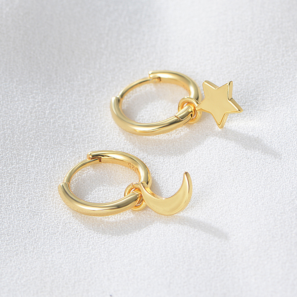 S925 Sterling Silver Star Moon for Women, European American Style, Elegant and Unique Asymmetric Gold-Plated Earrings