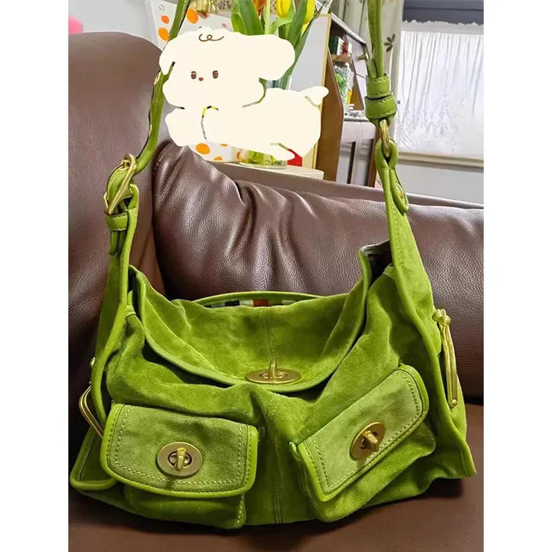 Suede Shoulder Bag Creative Double Pocket Underarm Bag Vintage Womens Bag Large Capacity Commuter Bag Retro Adjustable Handbags 260207