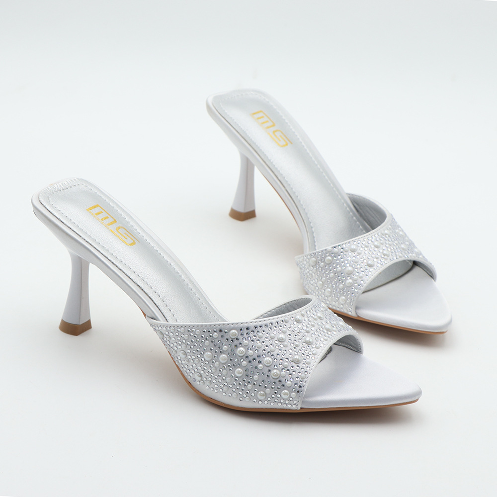 New Design Slippers Summer New Style Silk Satin rhinestone Fine Heel Pointed one-strap sandals for women, Free shipping