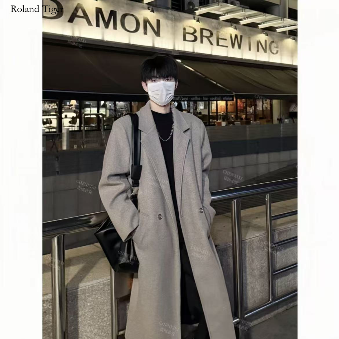 Roland Tiger Winter Black Mid-Length Wool Coat Men's Trench Coat Thickened Woolen Casual Versatile Jacket