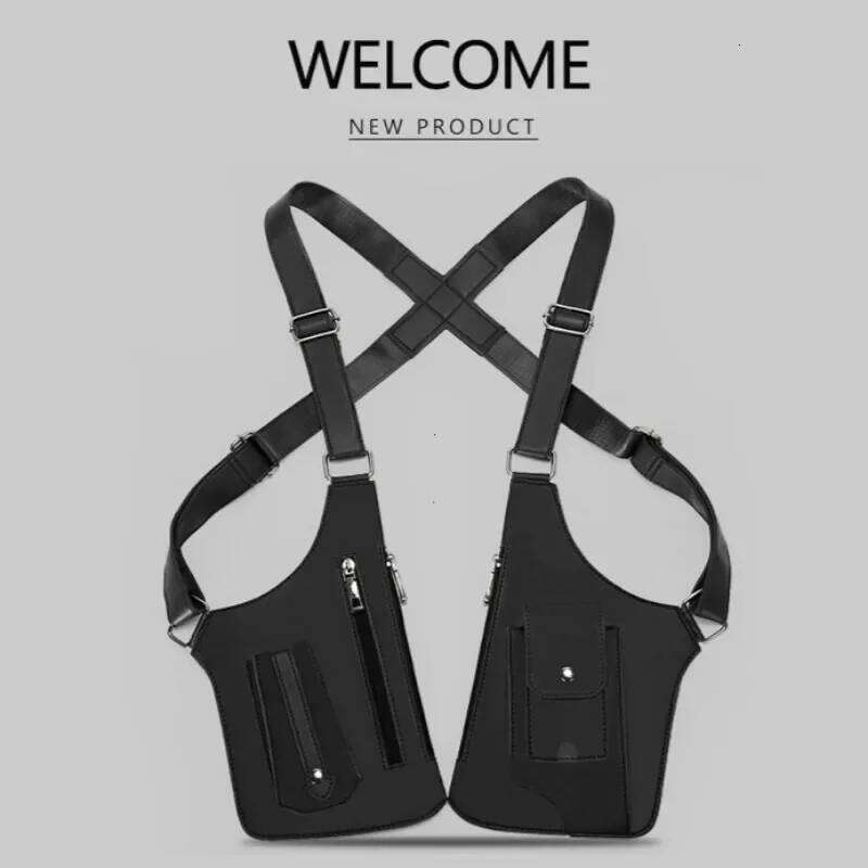 Double Shoulder Strap Multi-Pocket Outdoor Anti-Theft Tactical Vest Chest Bag Waterproof PU Leather Men's Back Crossbody Bags