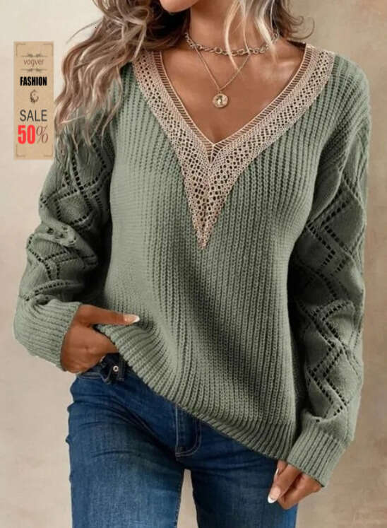 Women's V-Neck Knitted Sweater | 2026 European American Spring Autumn Loose Casual Pullover Top | Daily Leisure Wear