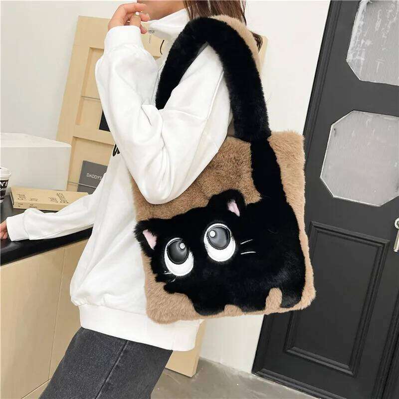 Autumn Winter Chic Tote Bag for Women's, Fashion Cute Plush Pattern Shoulder Bag, Cartoon Cat Soft Faux Fur Handbag