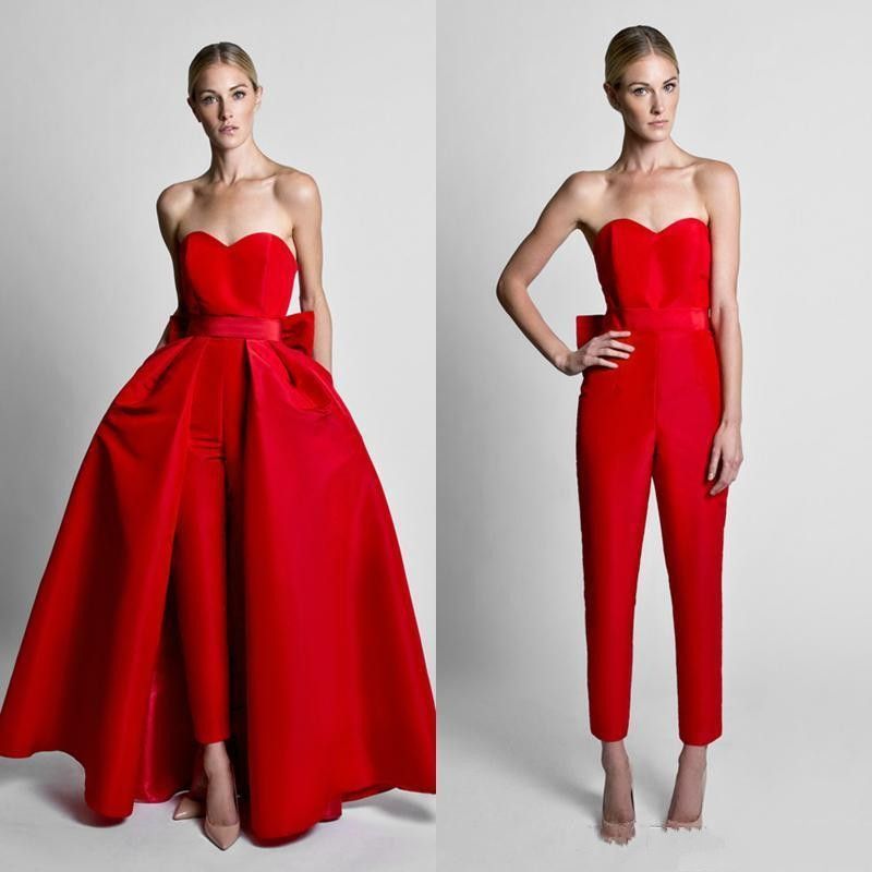 Krikor Jabotian Red Jumpsuits Formal Evening Dresses With Detachable Skirt Sweetheart Prom Dresses Party Wear Pants Formal Pants Suits J05