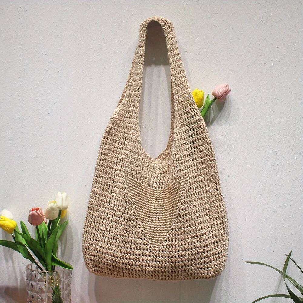 Casual Large Capacity Tote Bag for Women's, Lightweight Minimalist Hollow Out Knitted Shoulder Bag,Daily Commuting Handbag