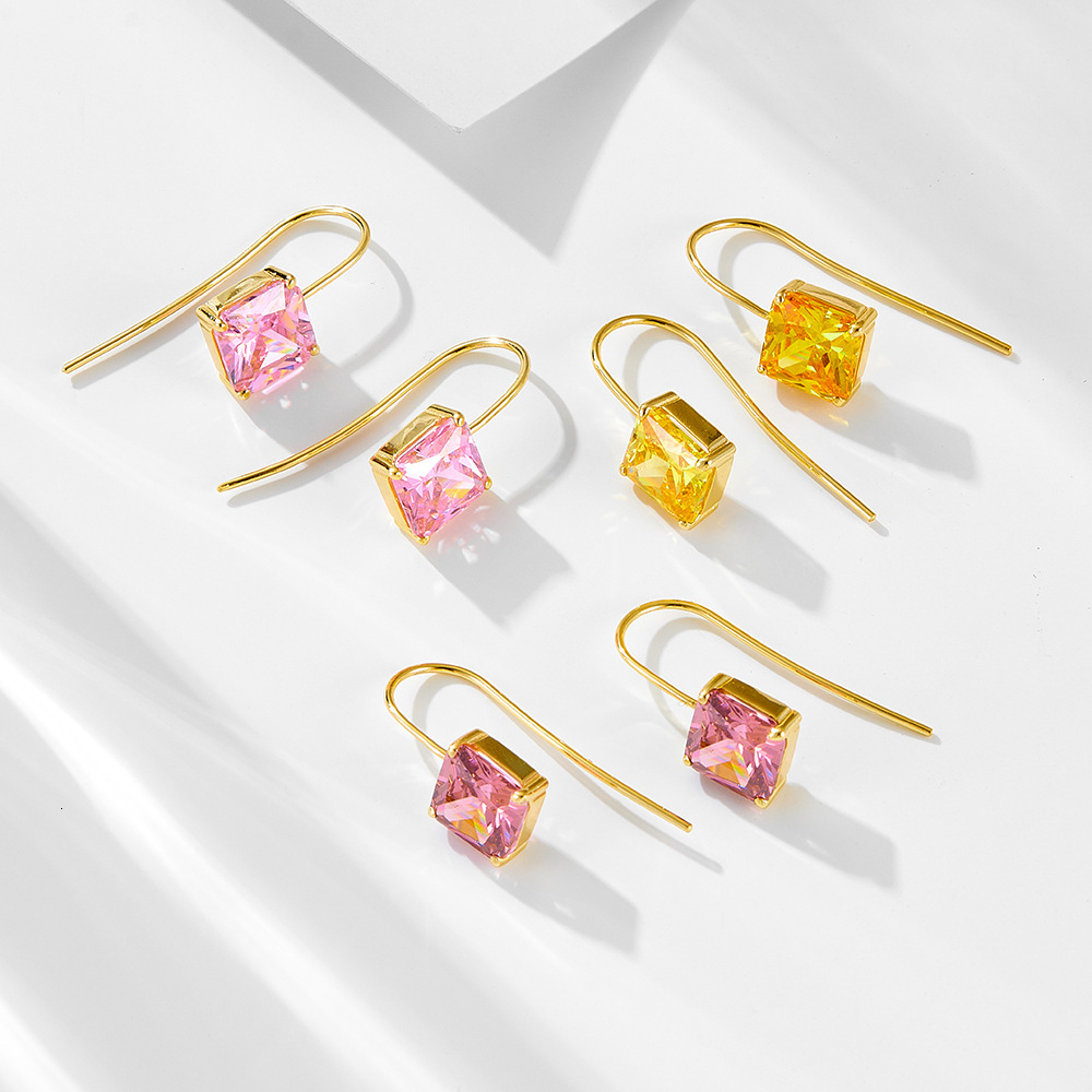 Light Luxury Retro Colorful Square Zircon Hook Earrings for Women European and American Cross-Border Fashion Classic Elegant Pure Silver Ear Jewelry