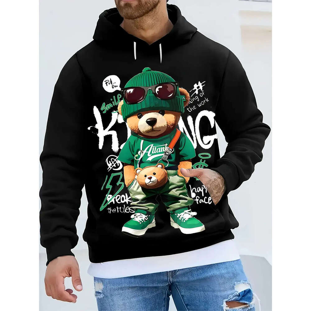 3D Digital Print Cartoon Bear Graphic Hoodie With Green Knit Hat Fashion Glasses - Black Kangaroo Pocket Warm Winter Sweatshirt, Long Sleeve Casual Pu