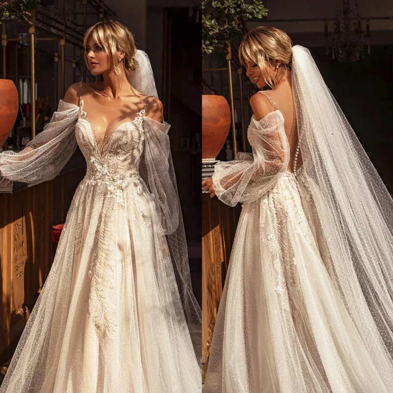 Wedding Dresses Sparky Glitter Off Shoulder Long Sleeve Lace Bride Dress Vestidos de Noiva Vintage Princess Gothic Wedding Gowns
