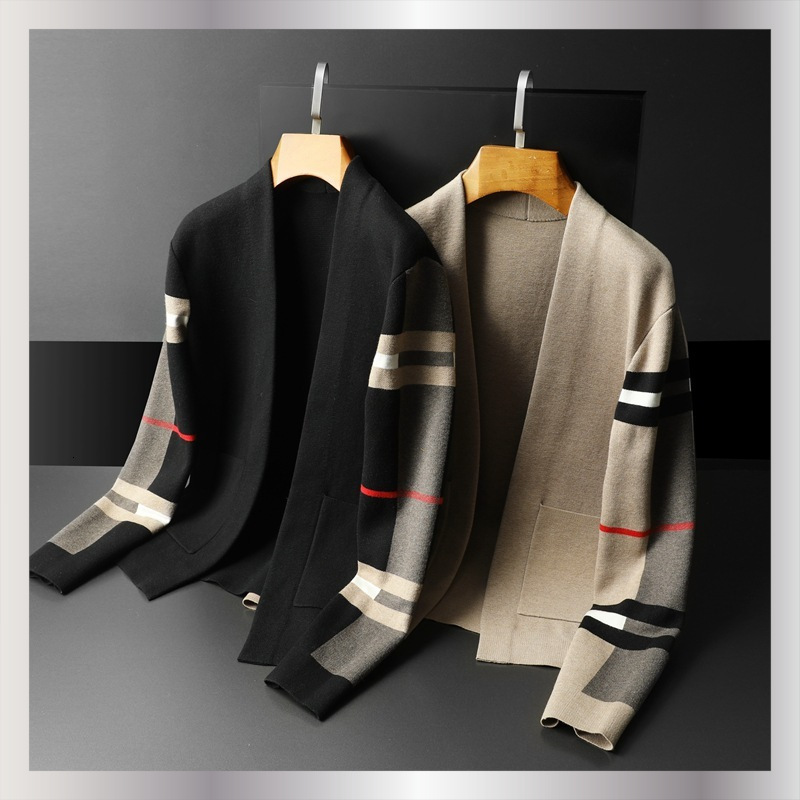 Luxury Brand Designer Clothes Men's Knitted Cardigan Sweater Slim Fit Autumn European Style V-Neck Plaid Sweater Jacket Men's European Goods Slim Fit Slimming