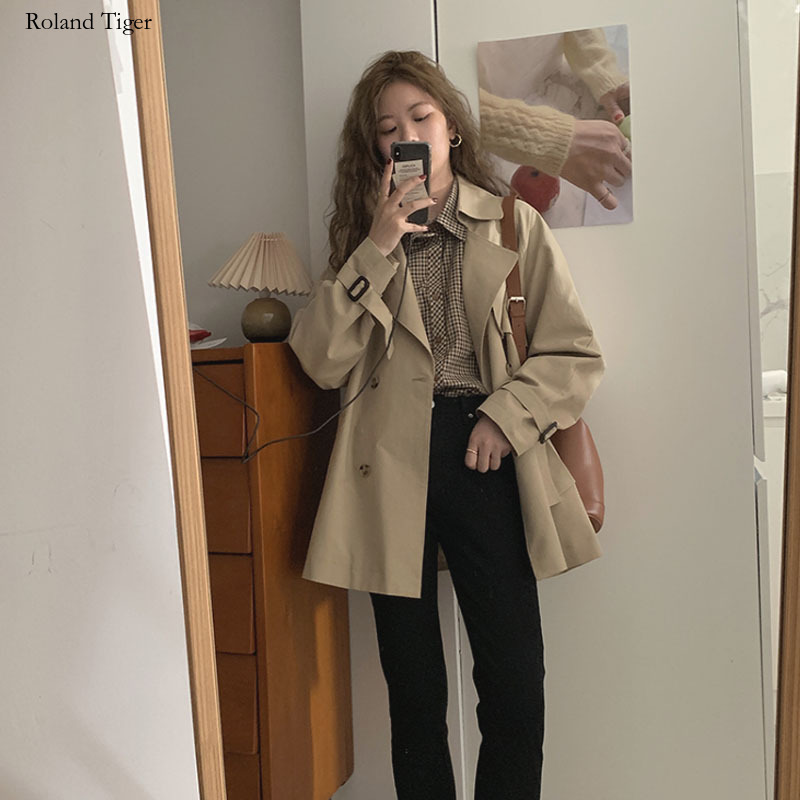 Roland Tiger Short Trench Coat for Women, Petite Size, 2025 New Spring and Autumn British Style, Trendy Korean Version, Draped Elegant Coat for Women