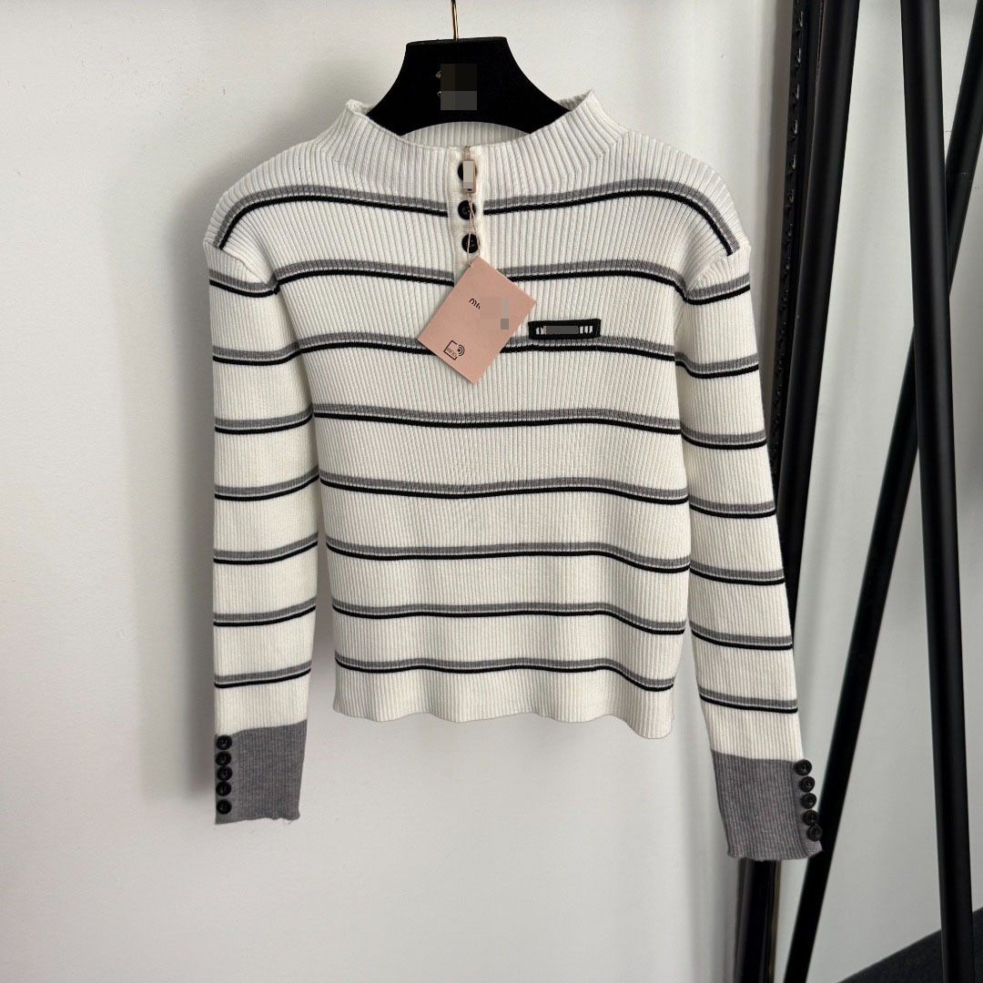 2025 New Korean Style Winter Slim Fit Color Block Striped Knitted Base Shirt for Women with 3D Buttons