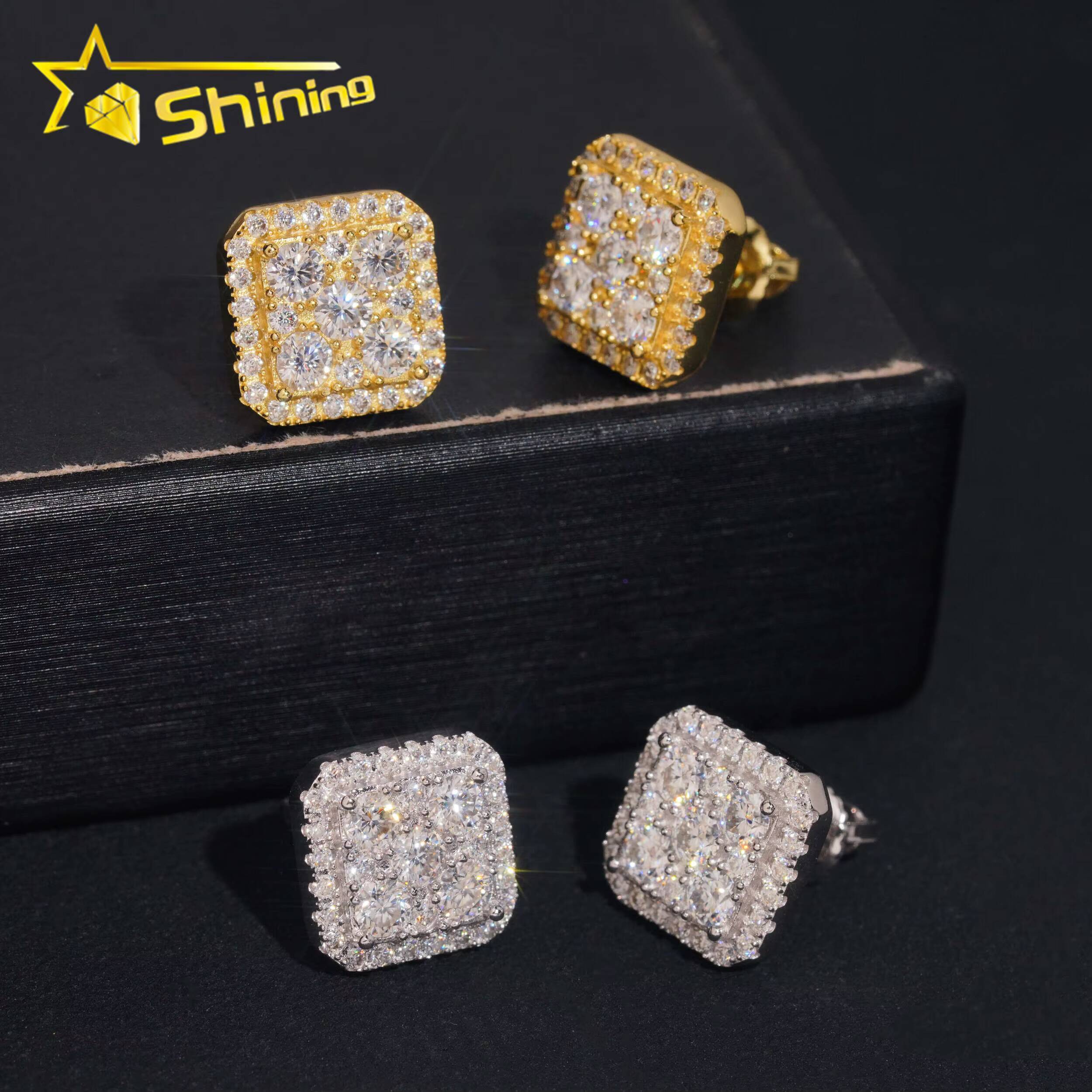 USA Warehouse Fast Shipping Square Shape 11mm Sparkling Moissanite 925 Sterling Silver Gold Plated Screw Back Stud Earring