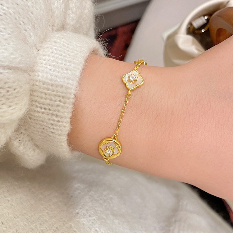 18K Real Gold Plated Zircon Mother-of-Pearl Flower Adjustable Bracelet Light Luxury High-End Feel Personalized Versatile Jewelry