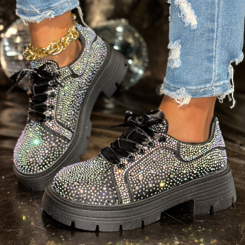 Women Luxury Sports Shoes Rhinestone Single Shoes Women Large Size 43 Dad Shoes Breathable Casual Thick Bottom Sports Water Shoes Comfortable Rubber Sole EVA Insole