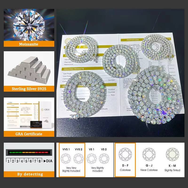 VVS Moissanite Diamond for 925 Silver Material 2mm 3mm 4mm 5mm 65mm Stone GRA Tennis Link Chain Necklace for Rapper