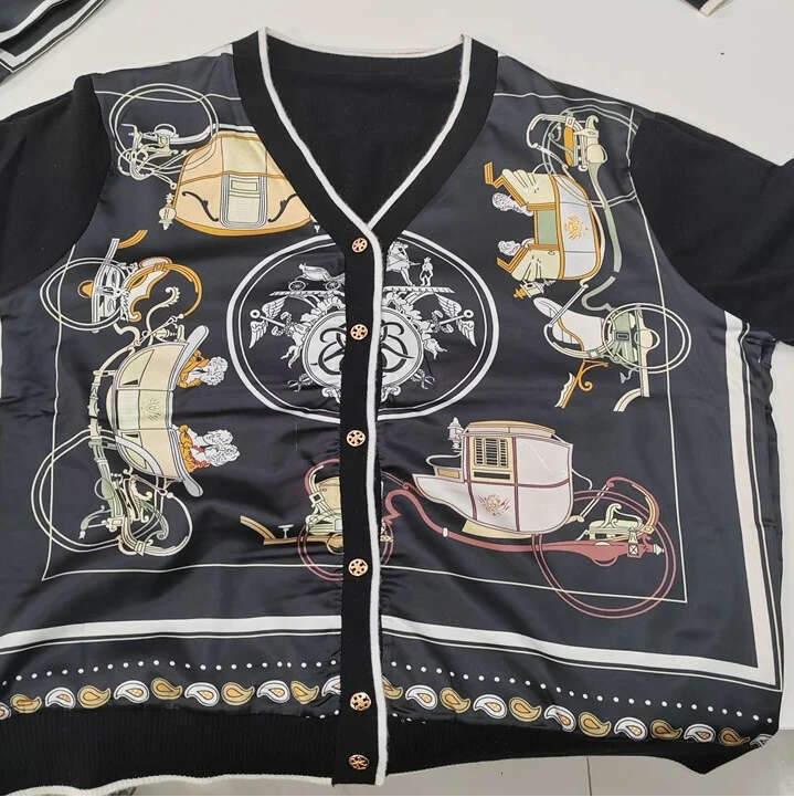 Spring and Summer Real Silk Wool Splicing Knitt Cardigan Women's Wide V-Neck Coat Top Fashion Jacket Satin Printed Thin Sweater - view 7
