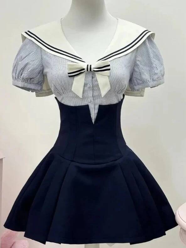 Bestseller Sweet Kawaii Elegant Women 2 Piece Sets Y2k Retro Bow Tops Mini Skirt Suit Female Slim Fit Chic Korean Clothes 2025 Fashion New ddmytues