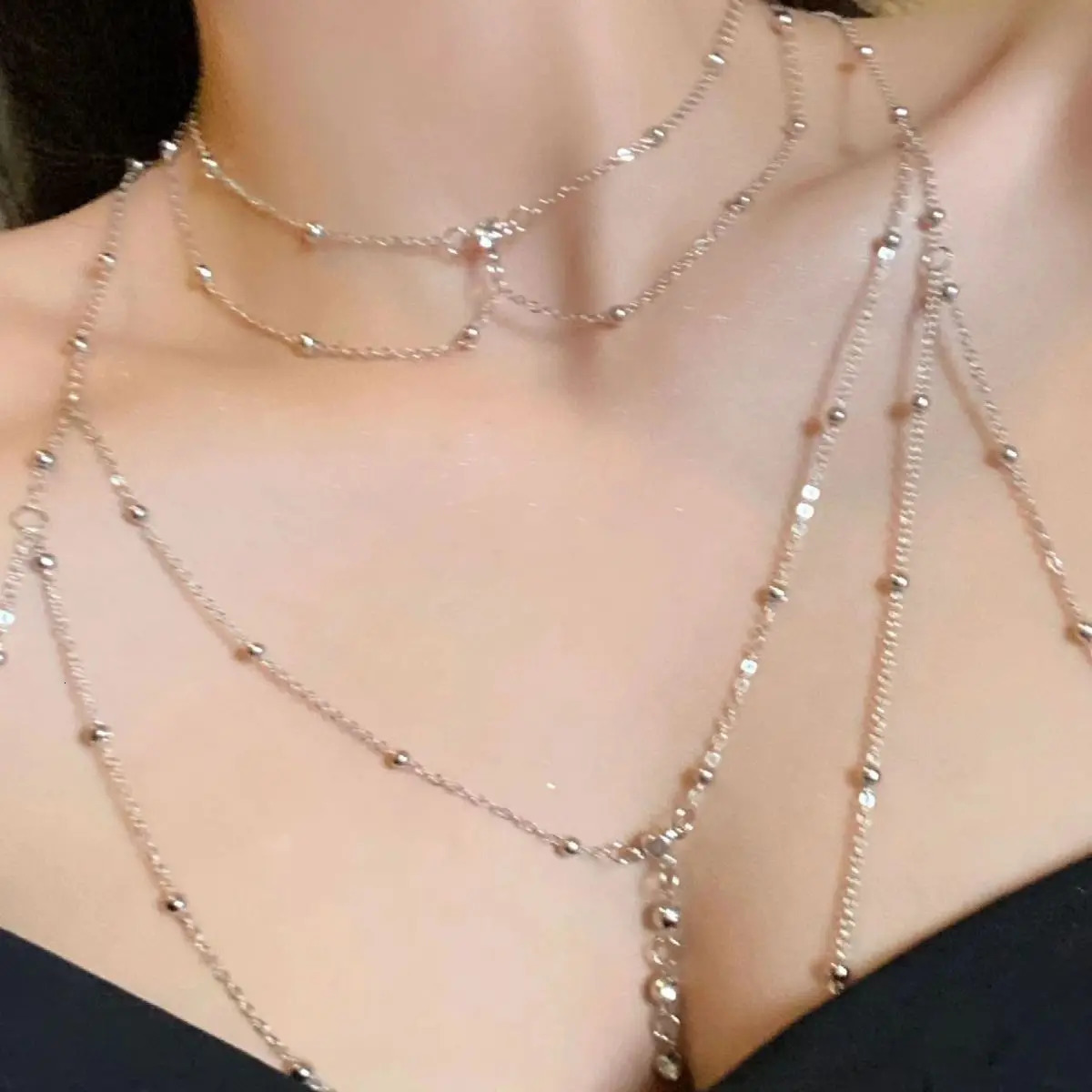 Fashionable Rhinestone Beaded Body Chain - Sparkling Pendant Tassel Necklace European American Trendy Womens Chest Chain 260104