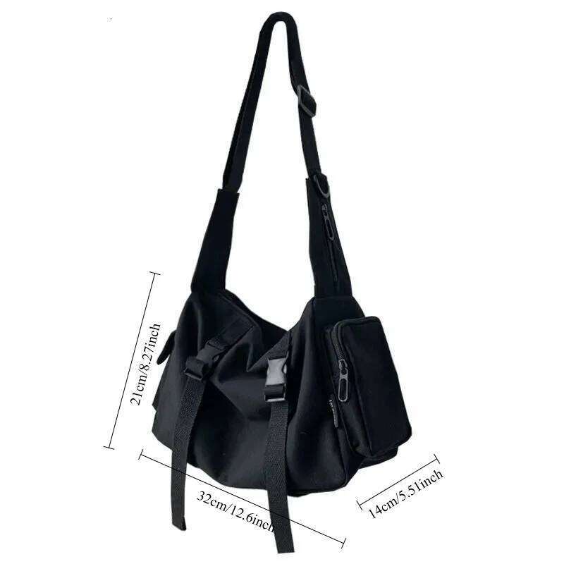 Black Crossbody Bags Women Design Pockets Canvas Large Capacity Tote Dark Academia Retro Cross-body Bag Unisex BF Japanese Style