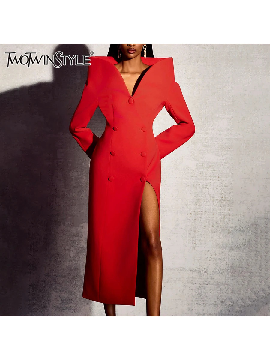 TWOTYLE Solid Temperament Trench For Women V Neck Long Sleeve Spliced Double Breasted Formal Coats Female Clothes 251231