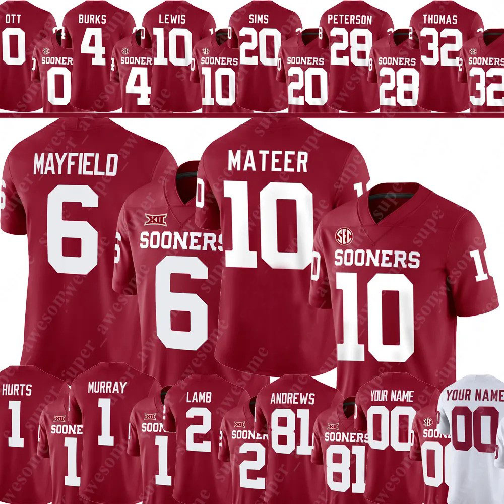 custom John Mateer Oklahoma Sooners Football Jersey Deion Burks Jaydn Ott Kyler Murray Danny Stutsman CeeDee Lamb Baker Mayfield Mark Andrews Jalen Hurts Watts