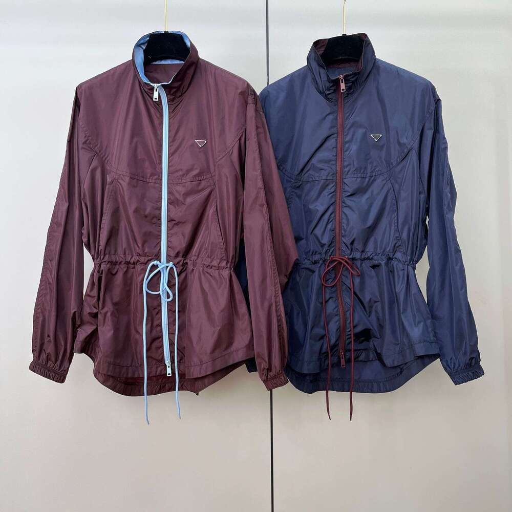 Designer French Style Recycled Nylon Lightweight Breathable Zipper Trench Coat Slim Fit Cross-Border Women's Drawstring Waist Windproof Thin Jacket 6679